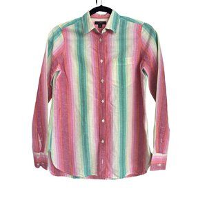 J.Crew Womens Multicolor Striped Button-Up Shirt Size 0 Linen Cotton Rainbow